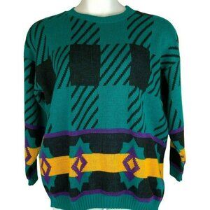 Bright Lights Vintage 90s Oversized Geometric Sweater Teal Purple Yellow Acrylic